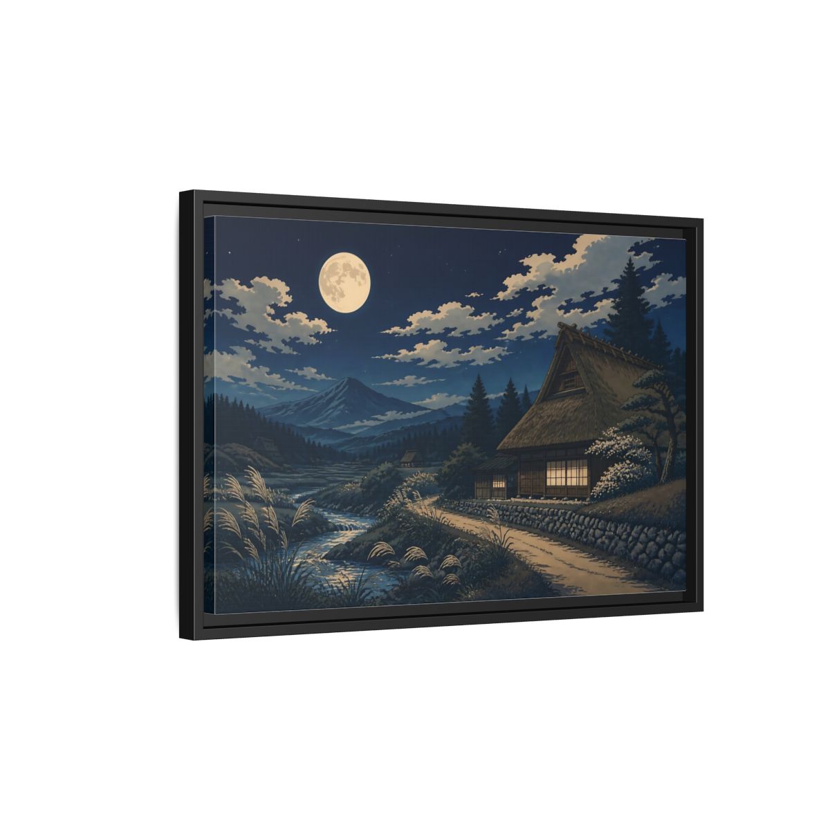 Side Mockup 3. Moonlit Thatched Farmhouse shown as framed canvas print