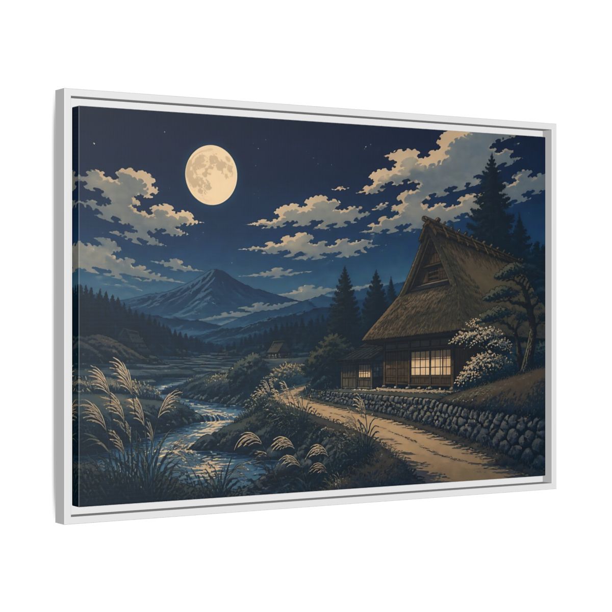 Side Mockup 9. Moonlit Thatched Farmhouse shown as framed canvas print