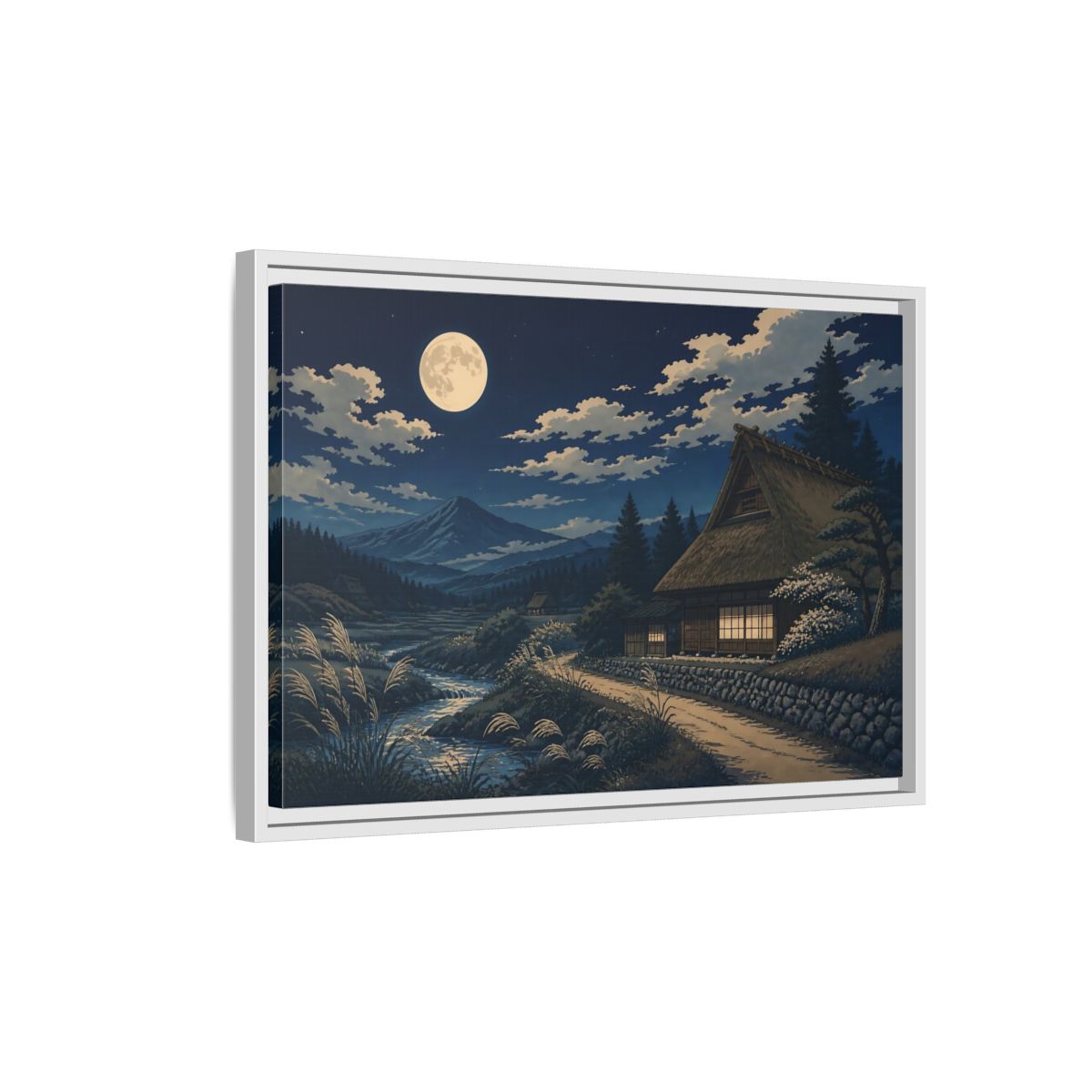 Side Mockup 1. Moonlit Thatched Farmhouse shown as framed canvas print