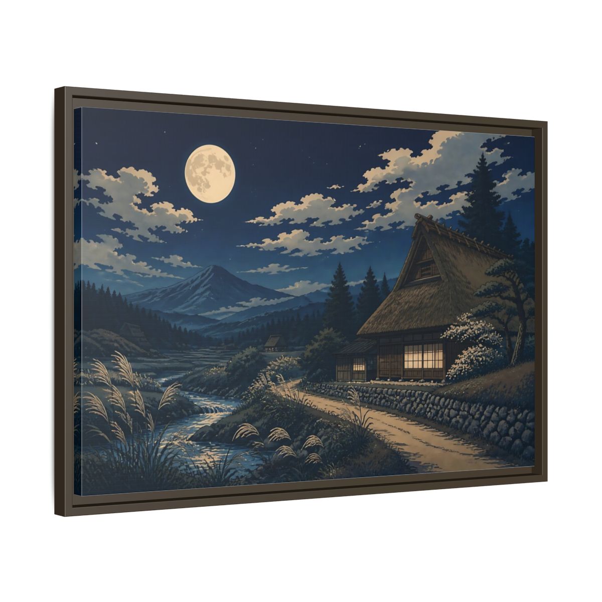 Side Mockup 11. Moonlit Thatched Farmhouse shown as framed canvas print
