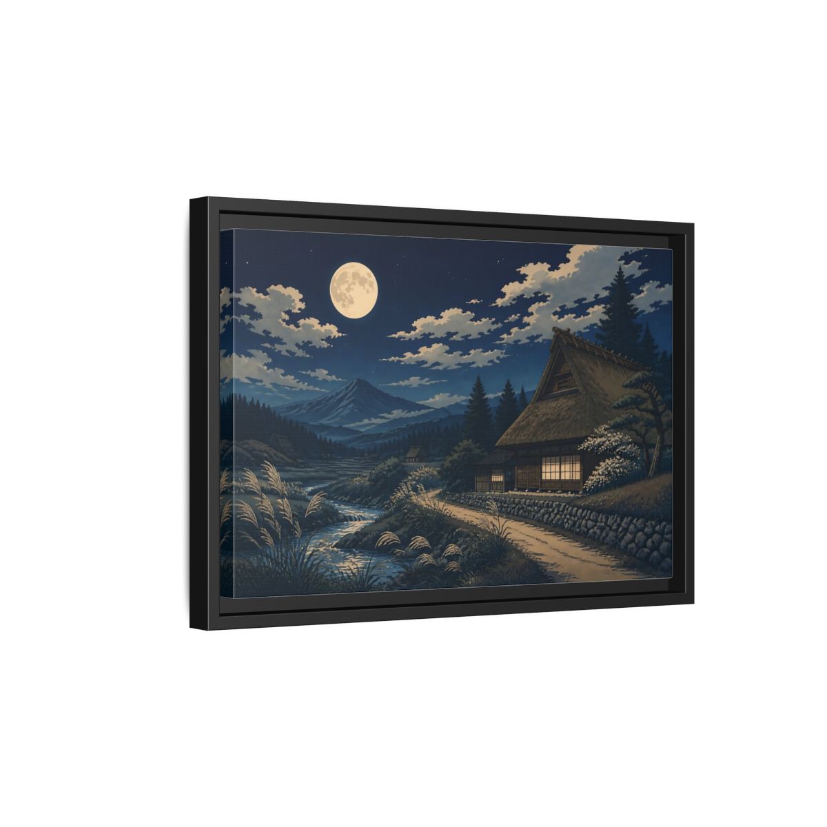 Side Mockup 6. Moonlit Thatched Farmhouse shown as framed canvas print