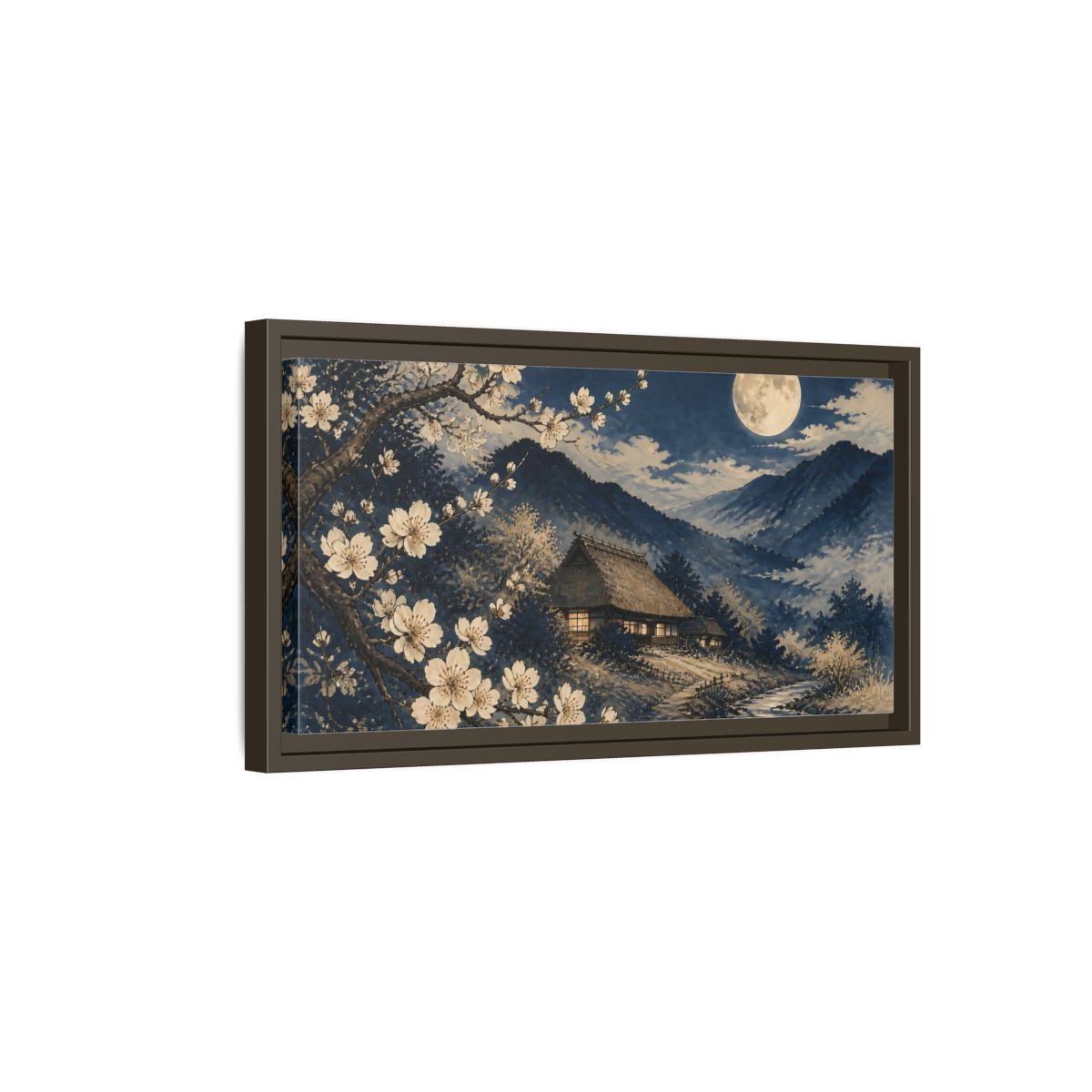 Side Mockup 7. Moonlit Thatched Farmhouse shown as framed canvas print