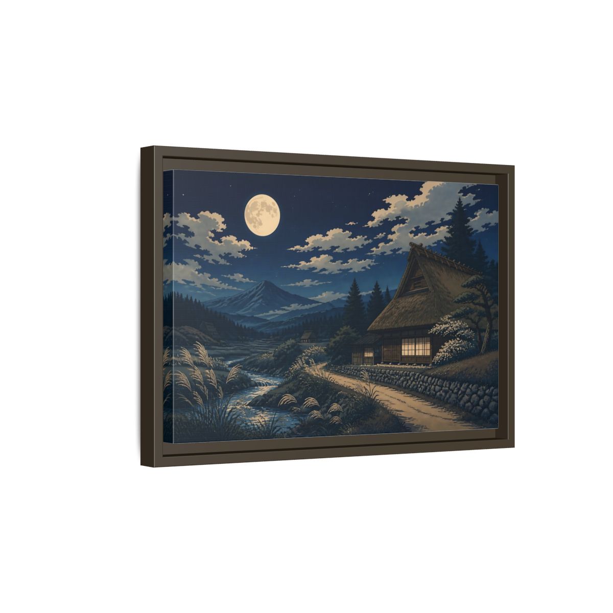 Side Mockup 5. Moonlit Thatched Farmhouse shown as framed canvas print