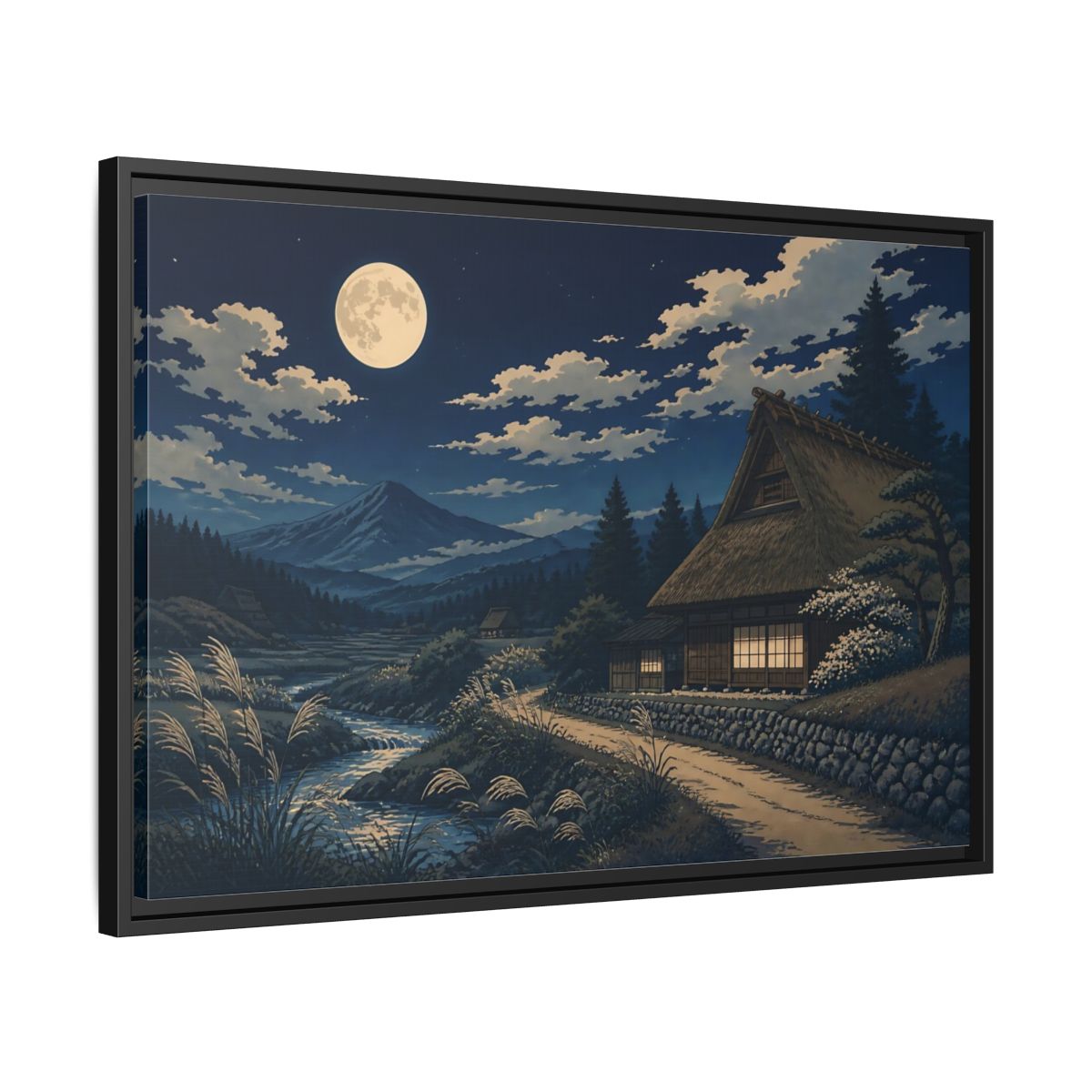 Side Mockup 14. Moonlit Thatched Farmhouse shown as framed canvas print