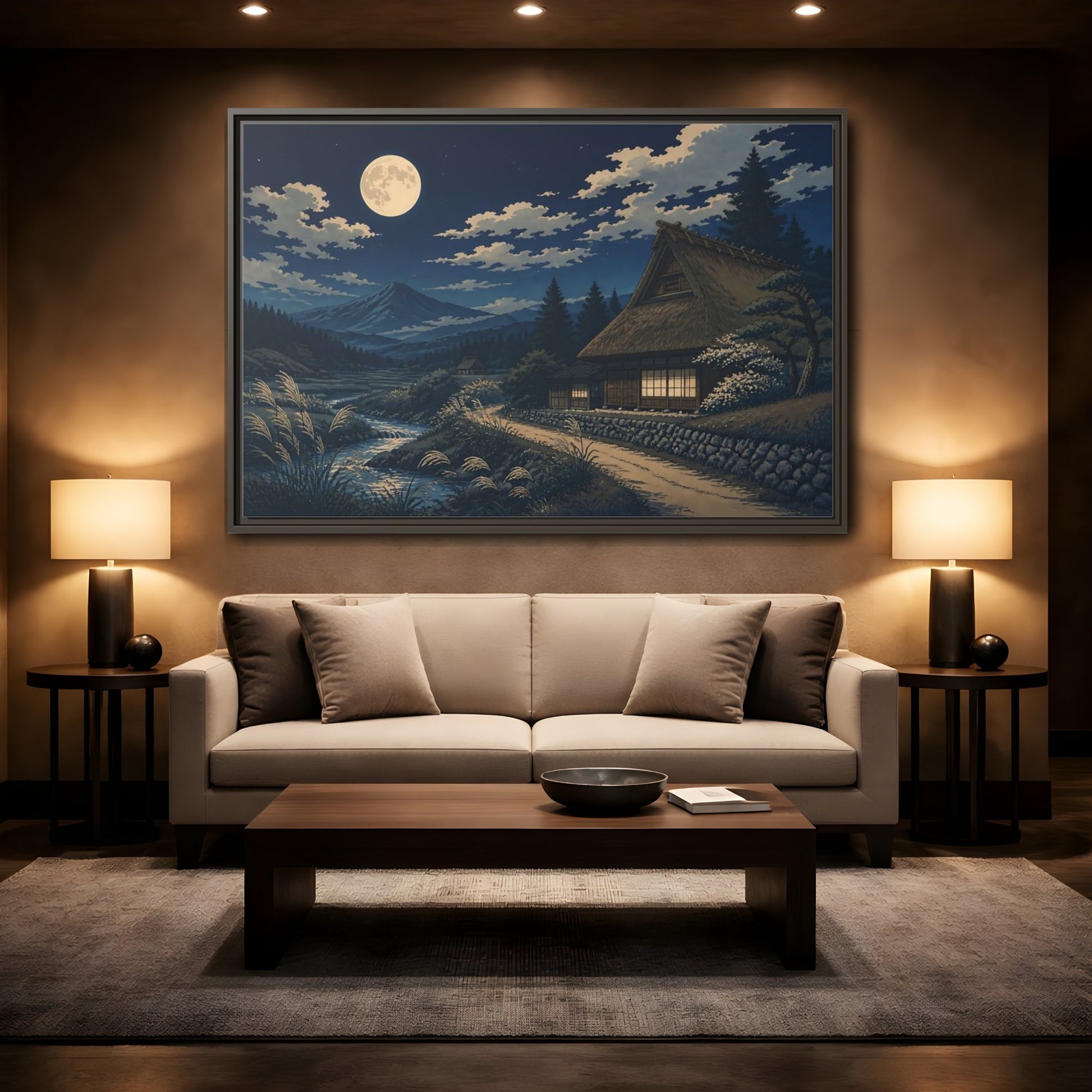Mockup 2. Moonlit Thatched Farmhouse shown as framed canvas print
