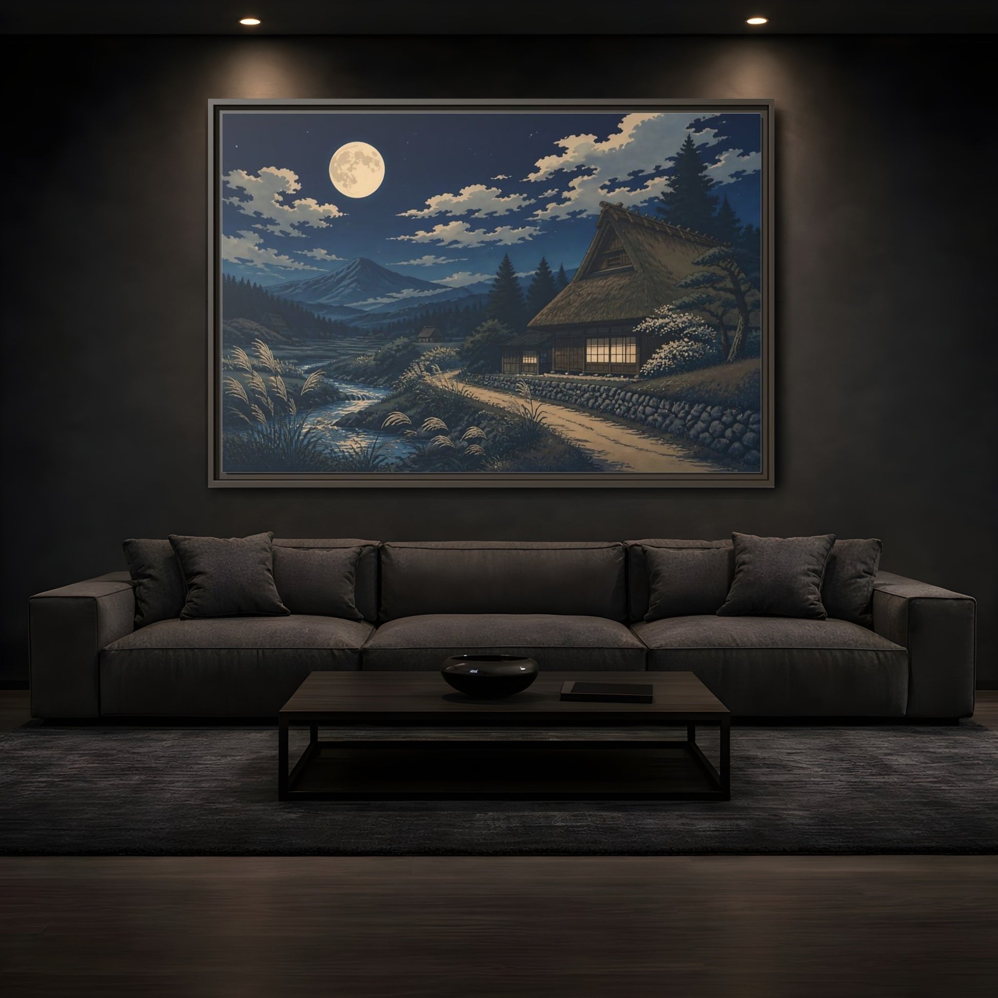 Mockup 3. Moonlit Thatched Farmhouse shown as framed canvas print