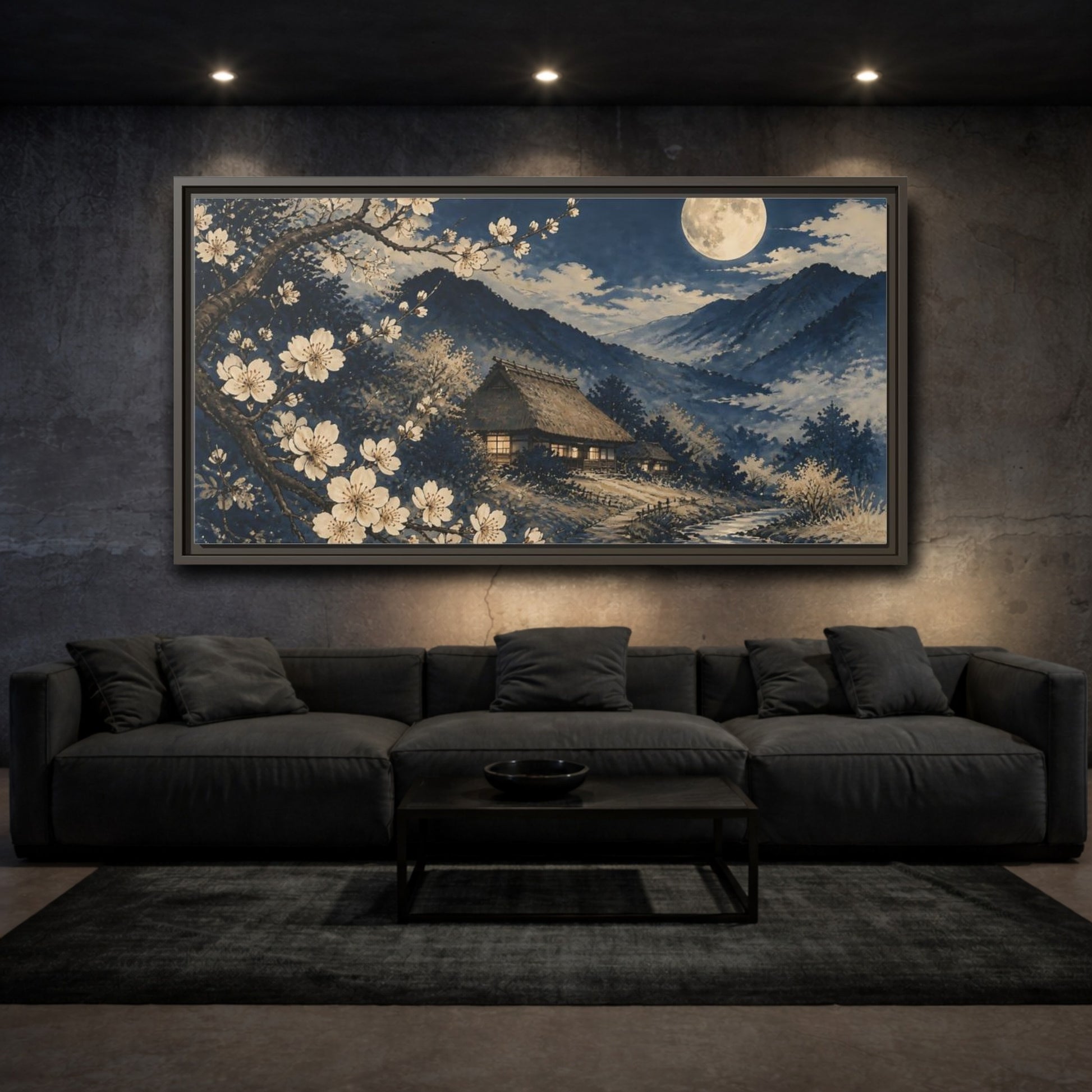 Mockup 3. Moonlit Thatched Farmhouse shown as framed canvas print