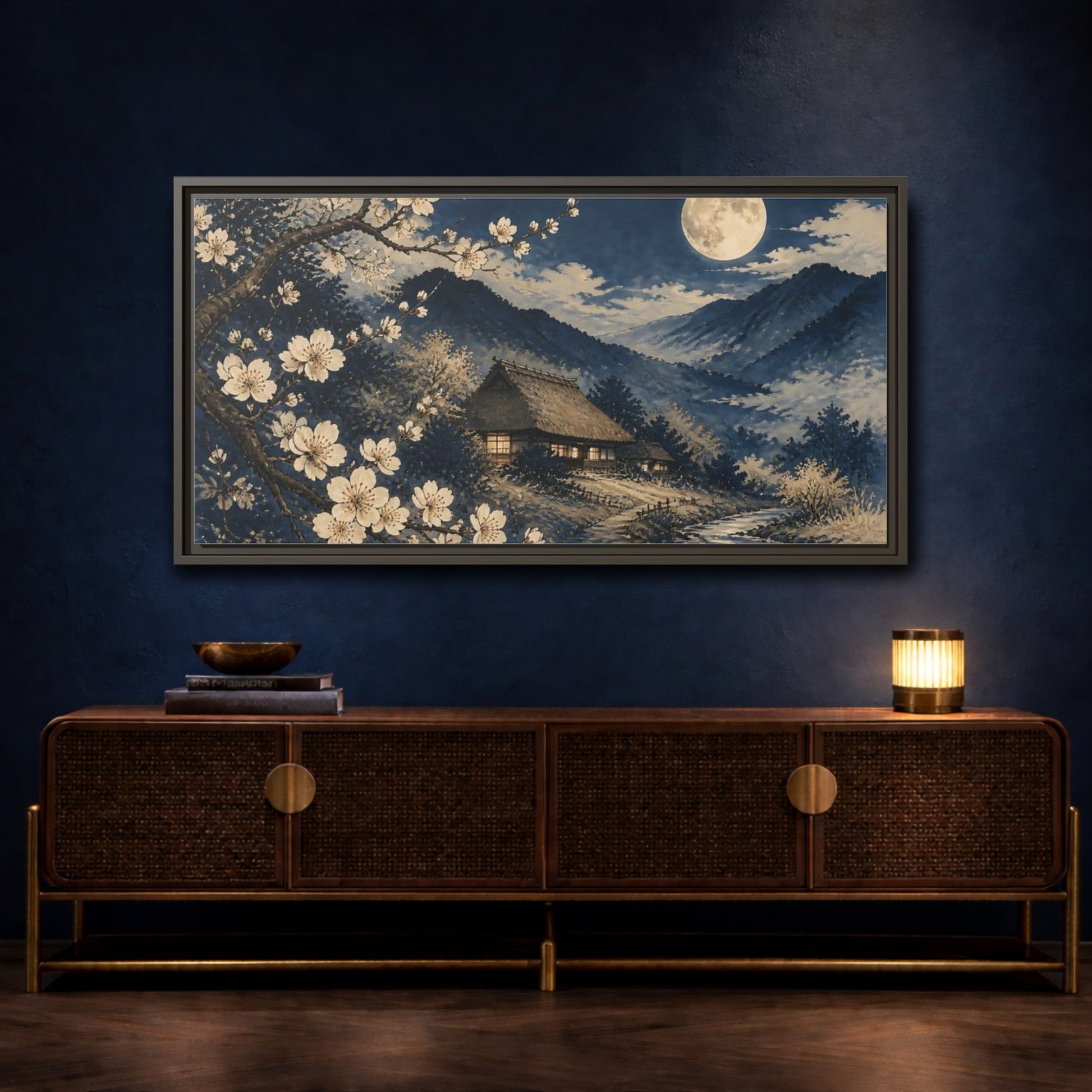 Mockup 4. Moonlit Thatched Farmhouse shown as framed canvas print