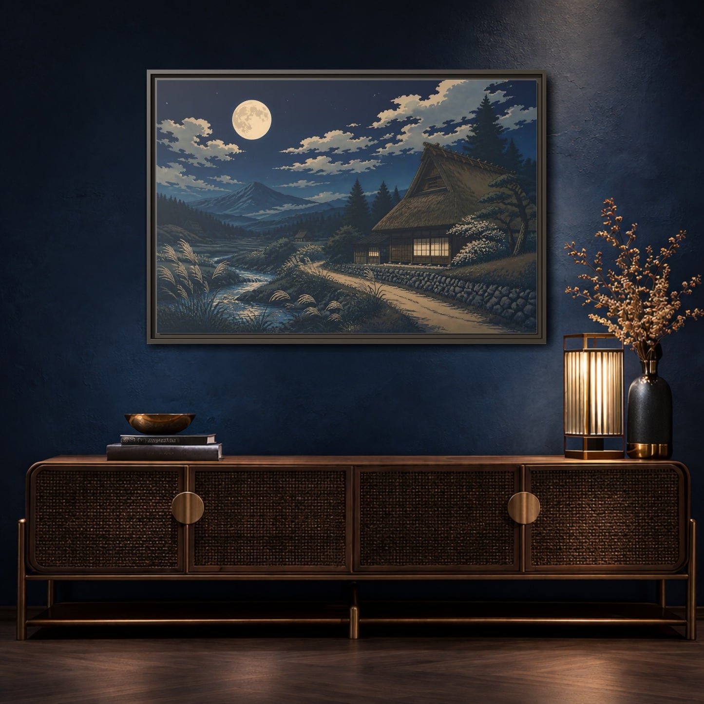 Mockup 4. Moonlit Thatched Farmhouse shown as framed canvas print