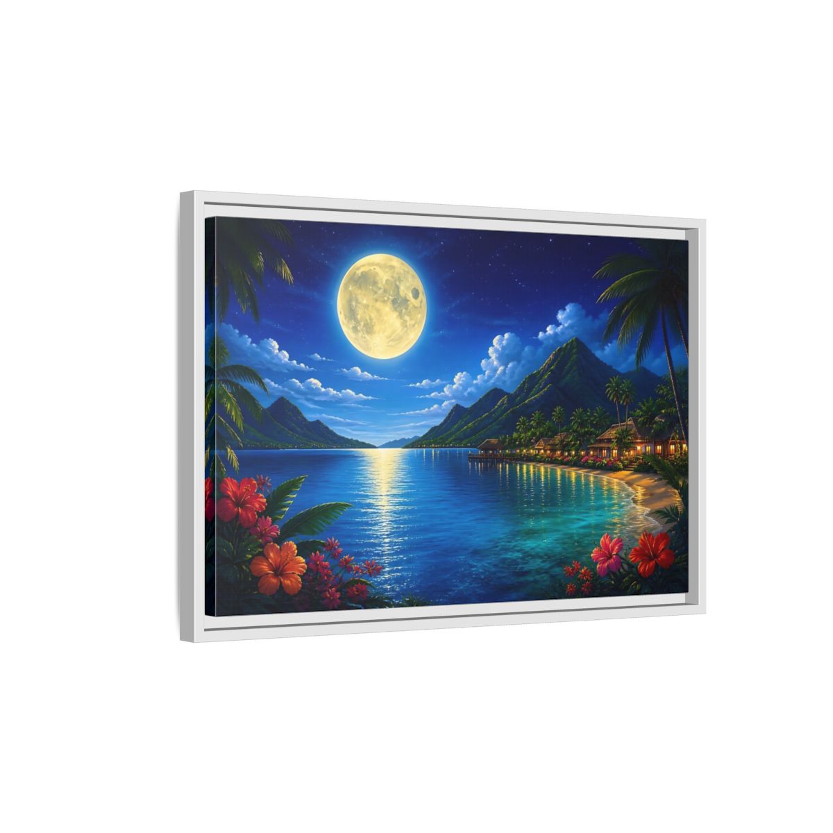 Side Mockup 1. Moonlit Tropical Bay shown as framed canvas print