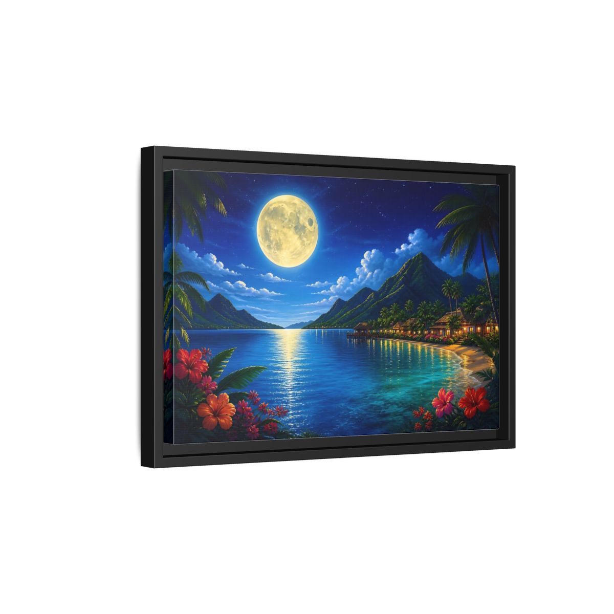 Side Mockup 6. Moonlit Tropical Bay shown as framed canvas print