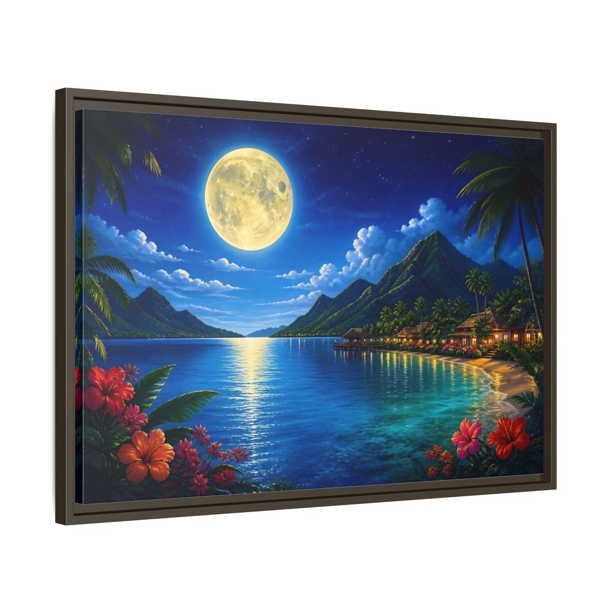 Side Mockup 11. Moonlit Tropical Bay shown as framed canvas print