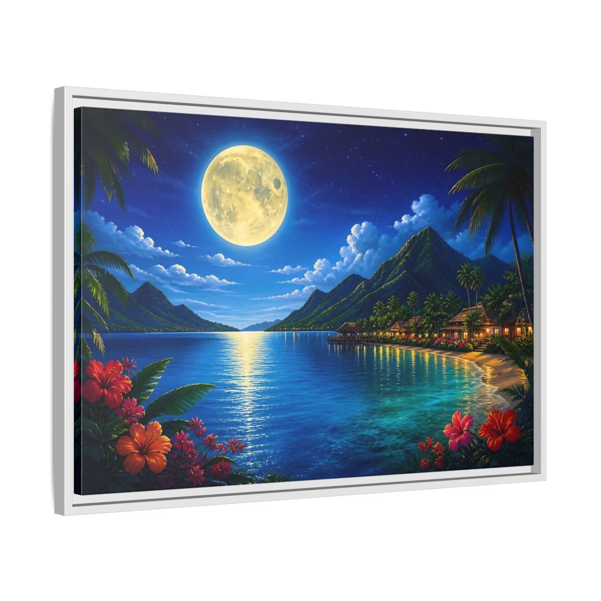 Side Mockup 10. Moonlit Tropical Bay shown as framed canvas print
