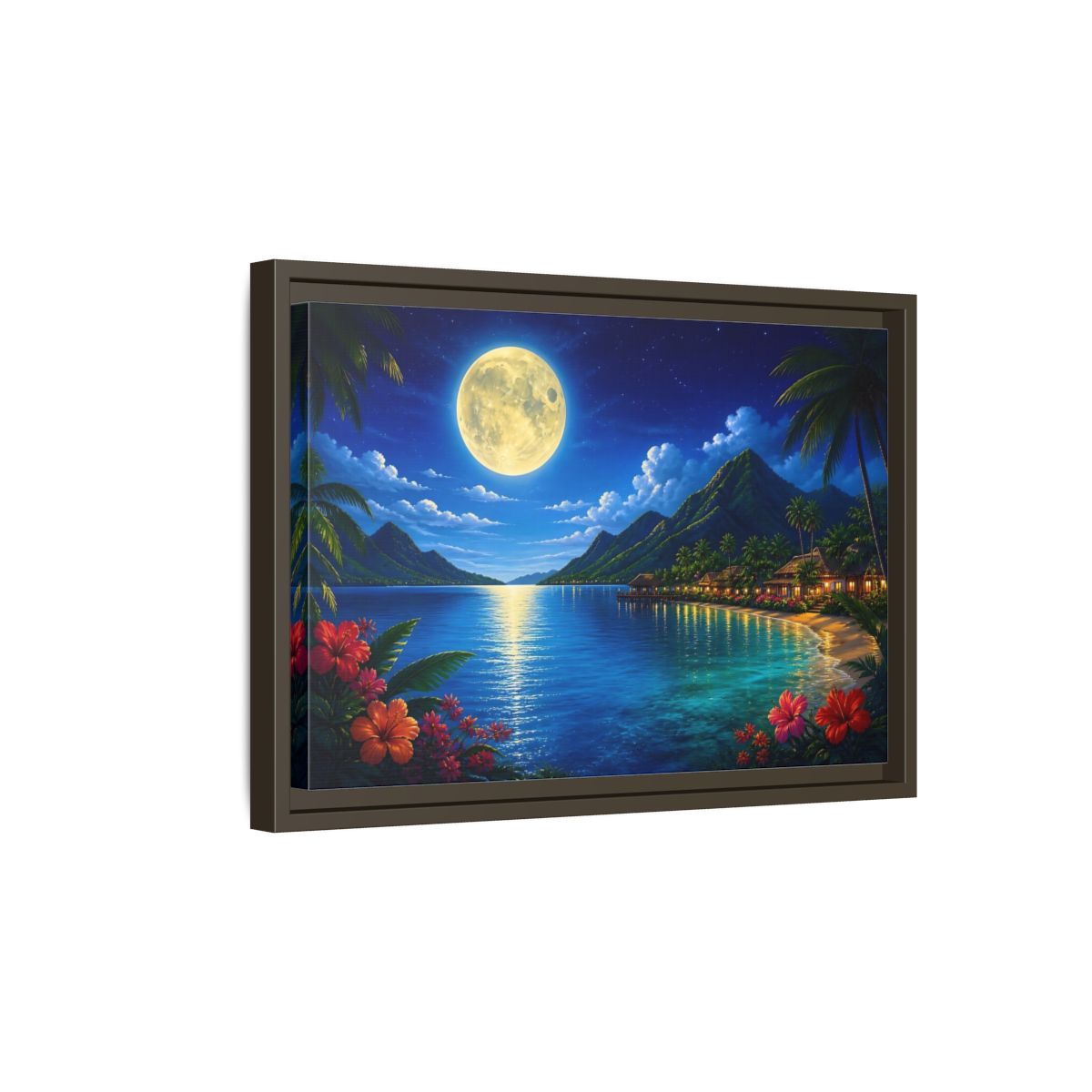 Side Mockup 5. Moonlit Tropical Bay shown as framed canvas print