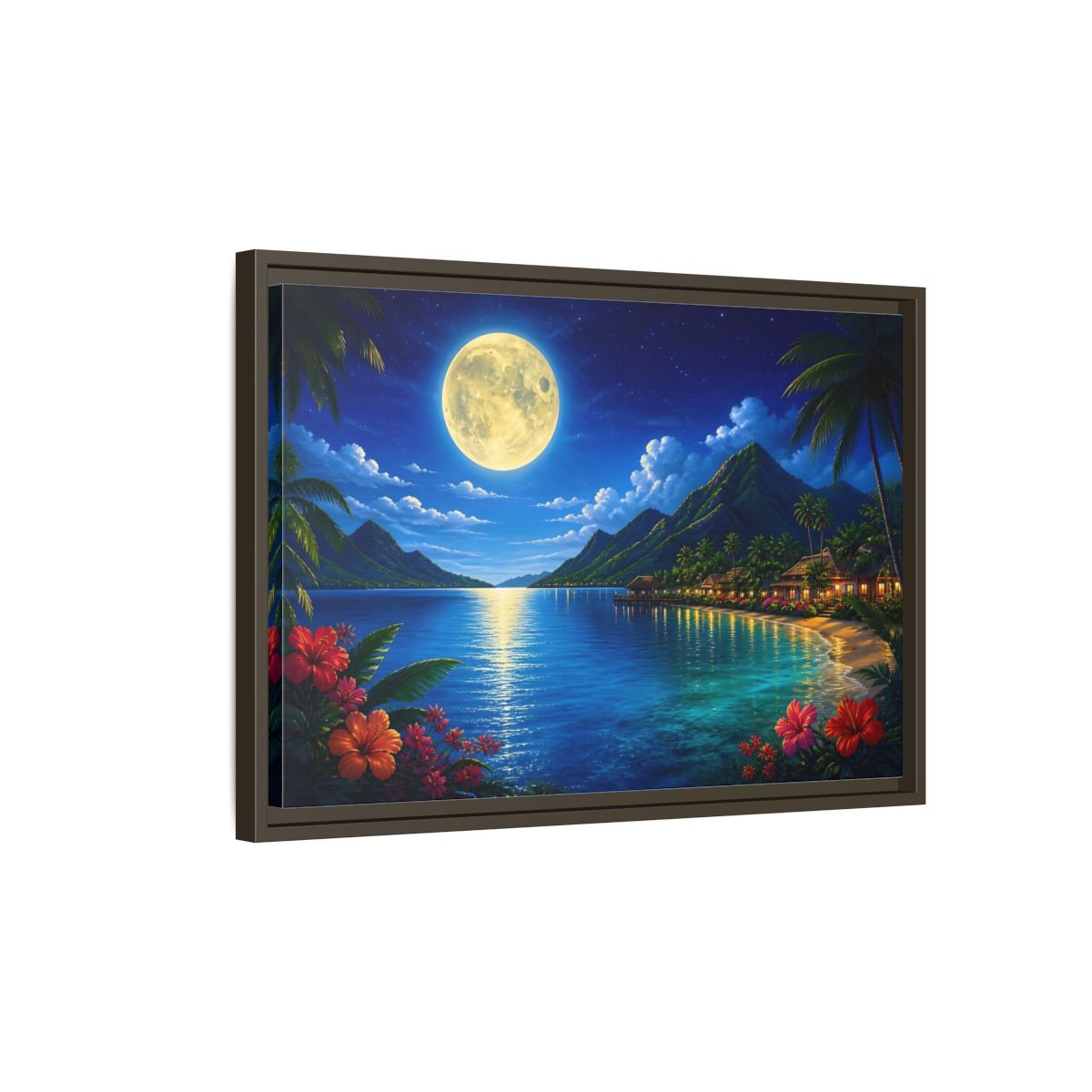 Side Mockup 2. Moonlit Tropical Bay shown as framed canvas print