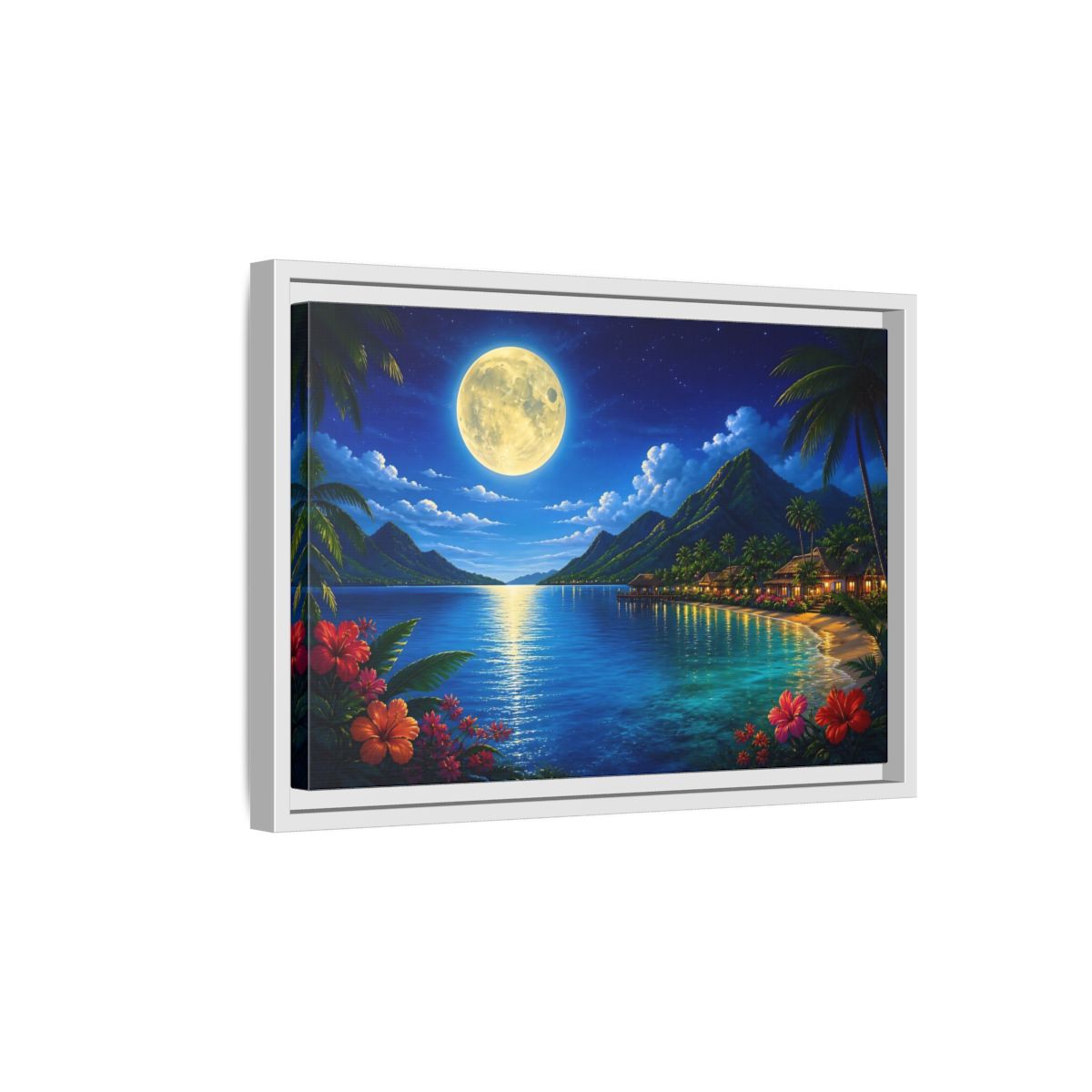 Side Mockup 4. Moonlit Tropical Bay shown as framed canvas print