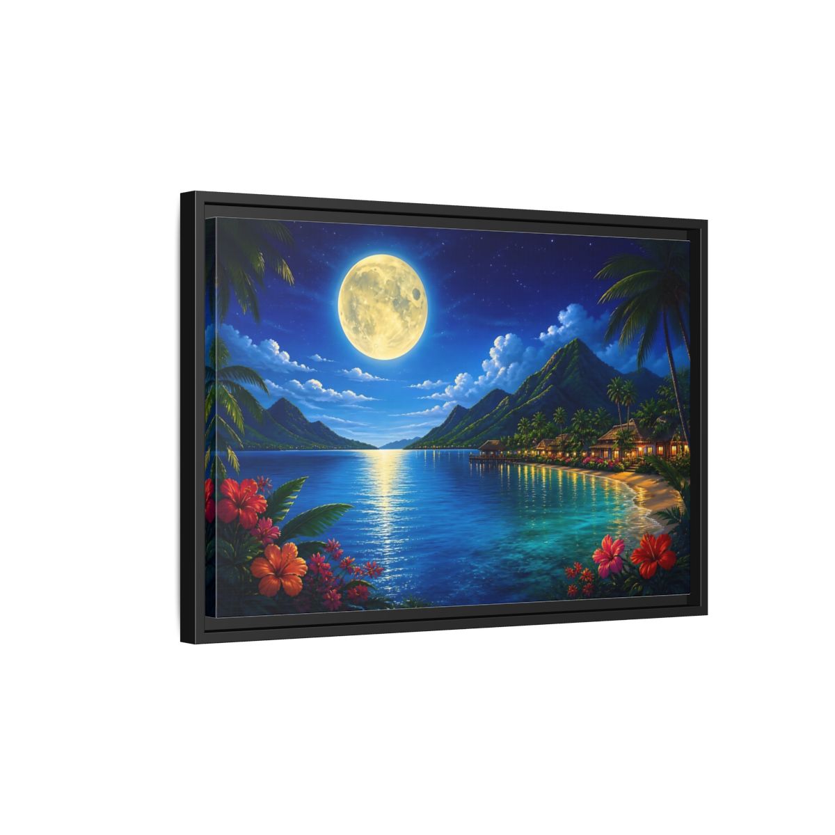 Side Mockup 3. Moonlit Tropical Bay shown as framed canvas print