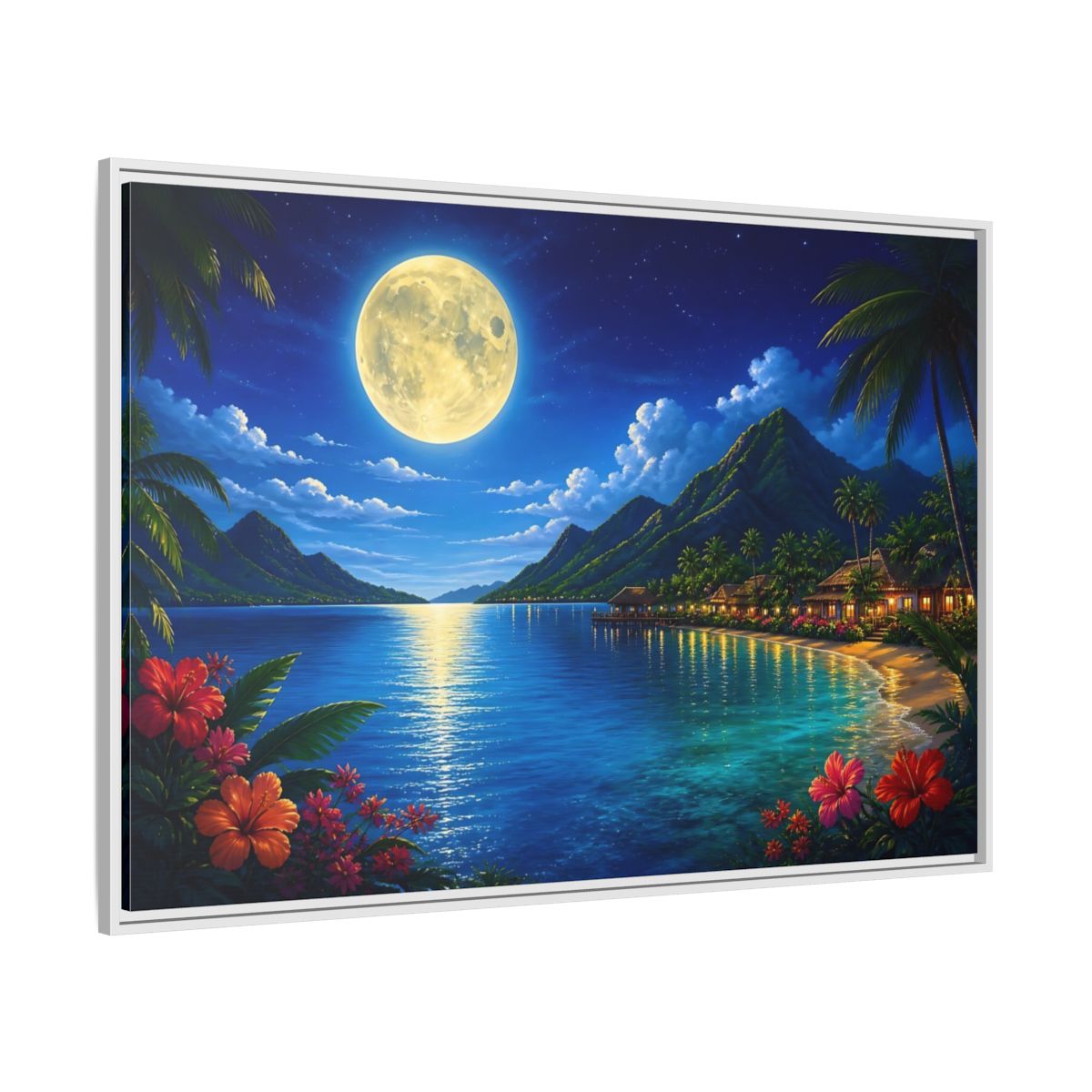 Side Mockup 7. Moonlit Tropical Bay shown as framed canvas print