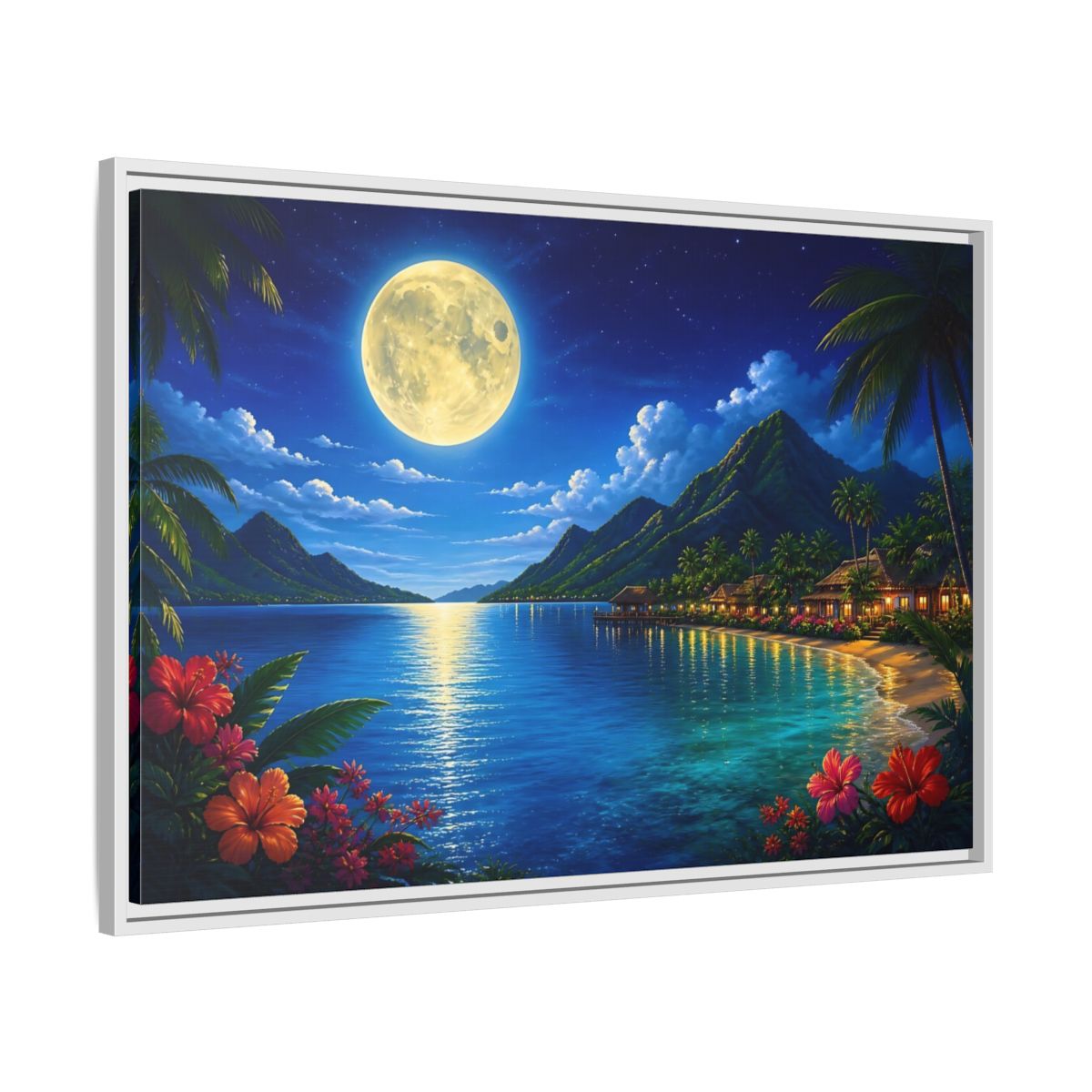 Side Mockup 9. Moonlit Tropical Bay shown as framed canvas print