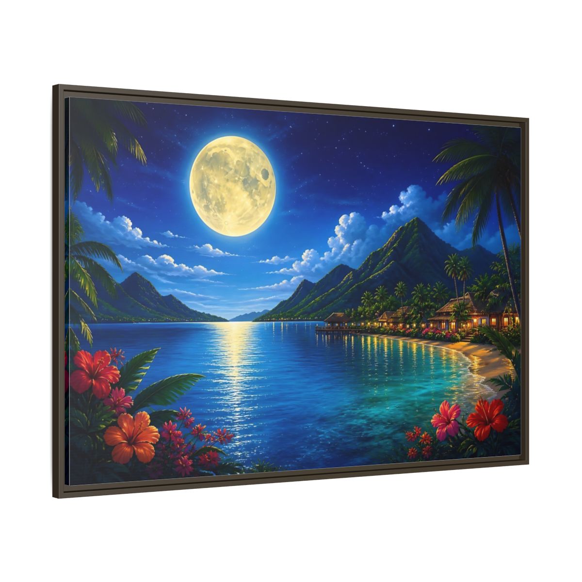 Side Mockup 8. Moonlit Tropical Bay shown as framed canvas print