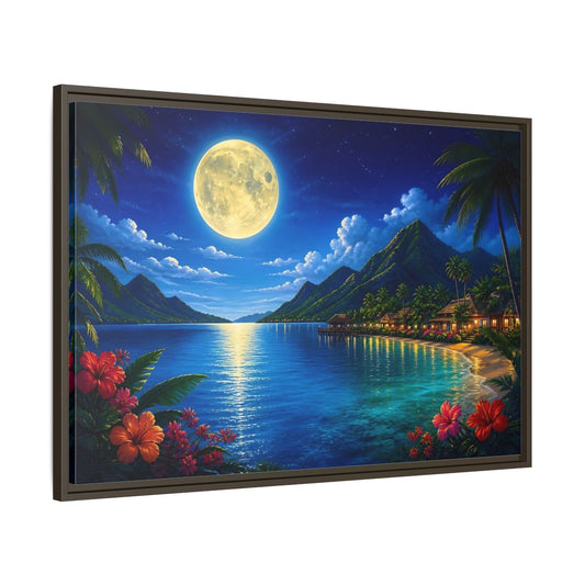 Main Mockup. Moonlit Tropical Bay shown as framed canvas print