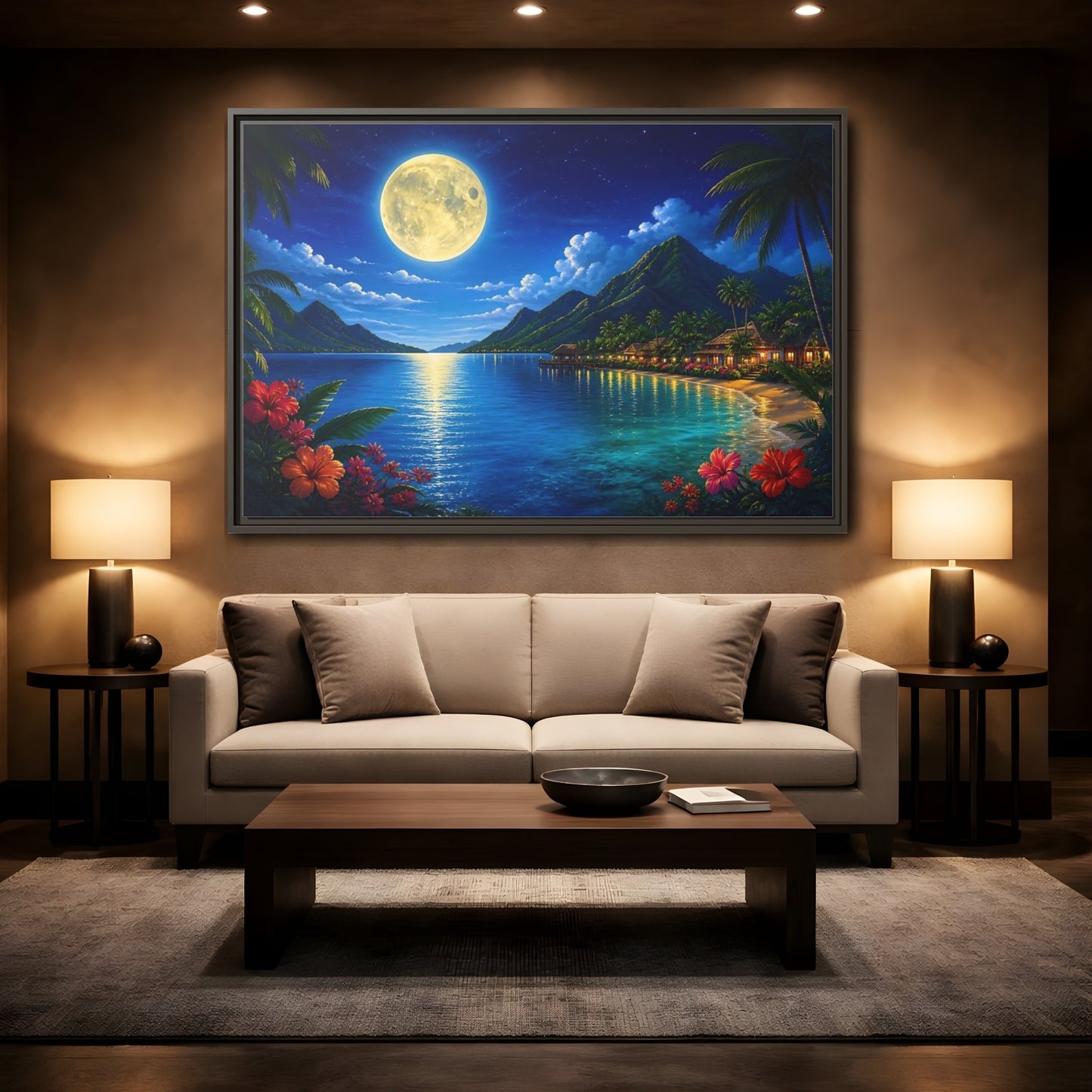 Mockup 2. Moonlit Tropical Bay shown as framed canvas print