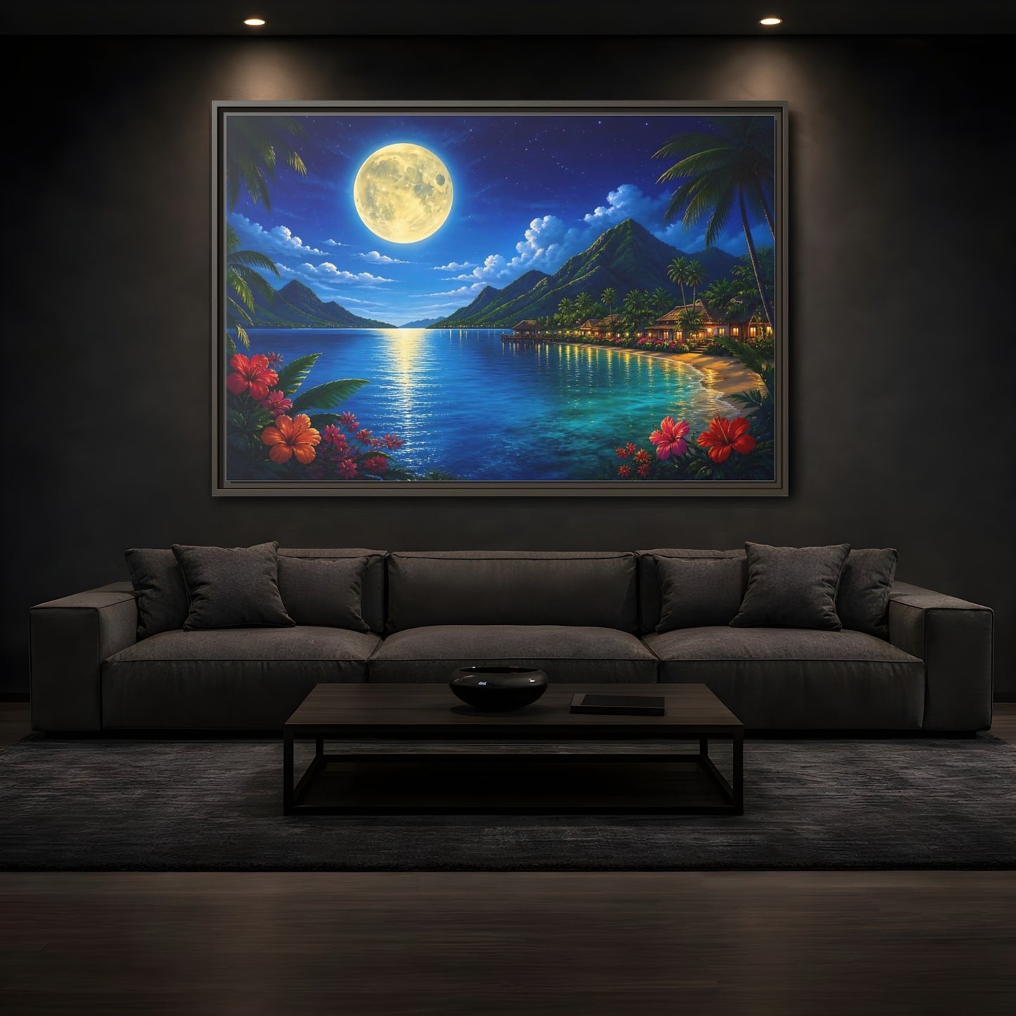 Mockup 3. Moonlit Tropical Bay shown as framed canvas print