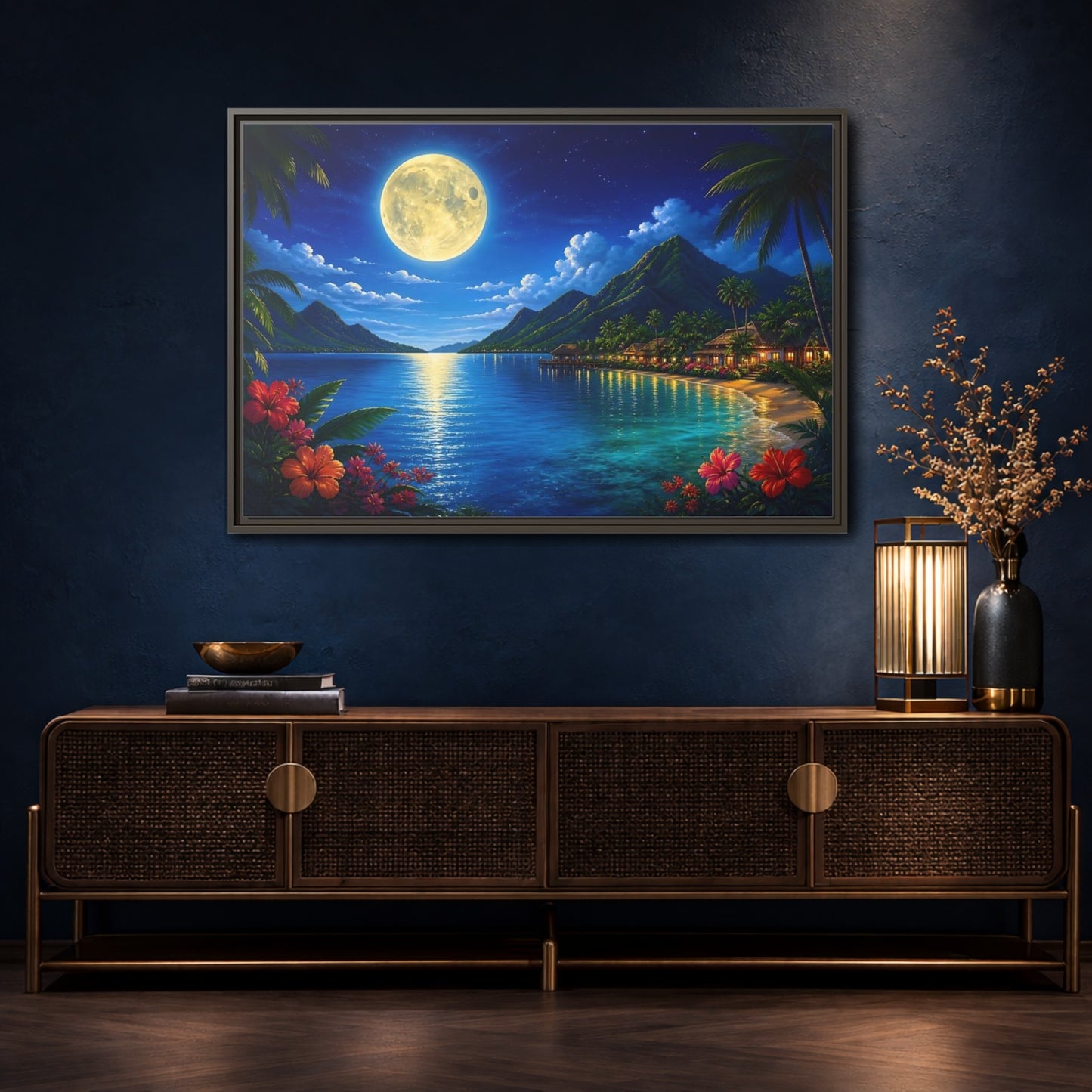Mockup 4. Moonlit Tropical Bay shown as framed canvas print