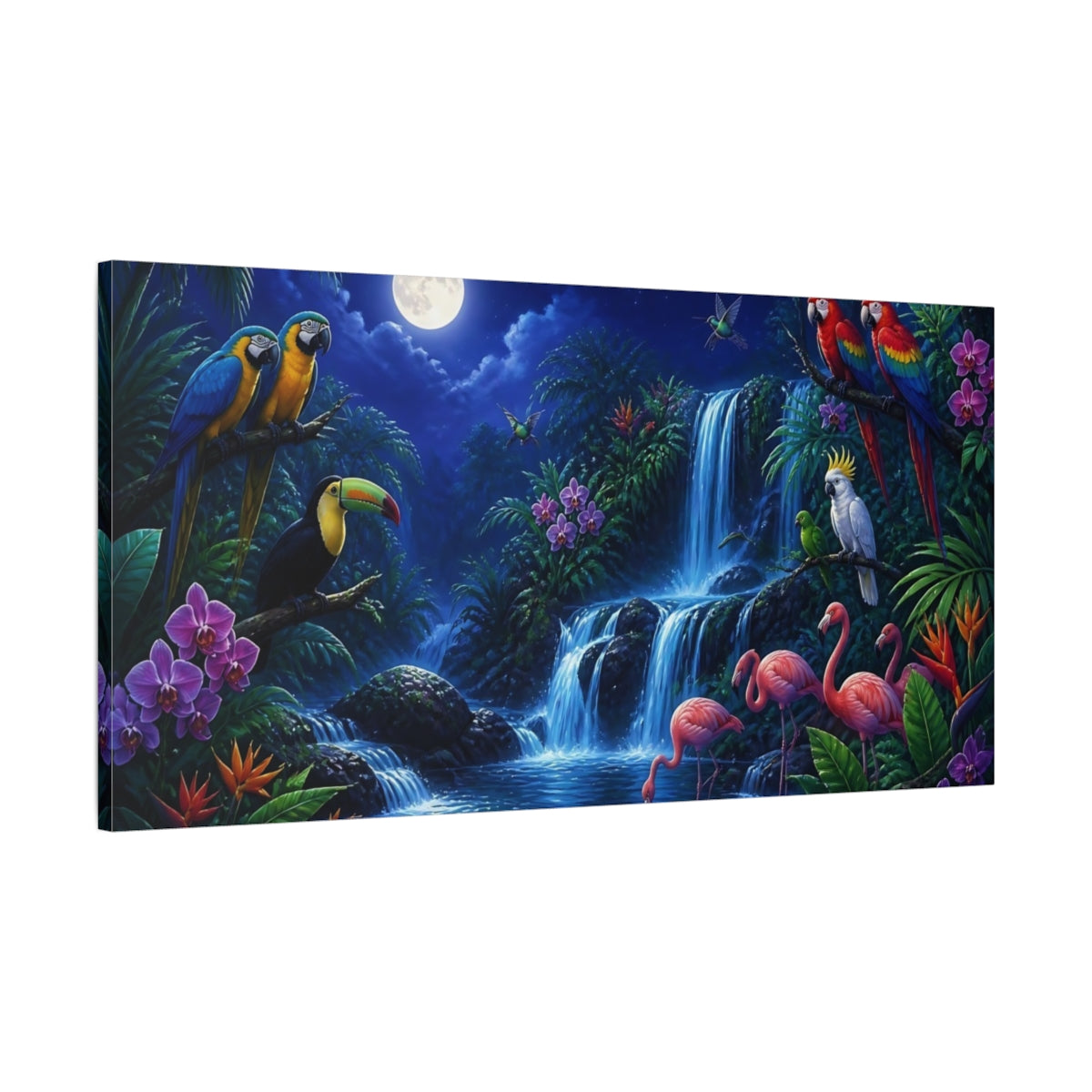 Main Mockup. Moonlit Tropical Birds shown as canvas print