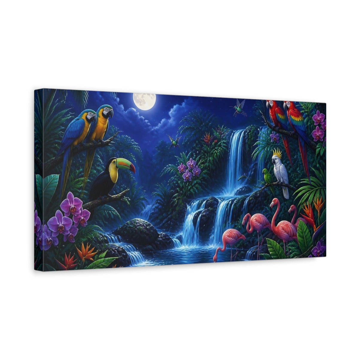 Side Mockup 3. Moonlit Tropical Birds shown as canvas print