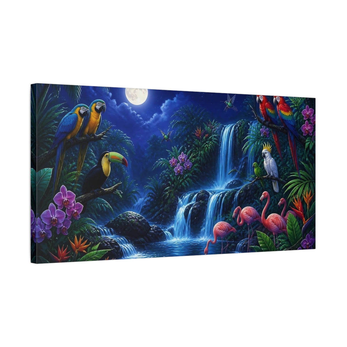 Side Mockup 1. Moonlit Tropical Birds shown as canvas print