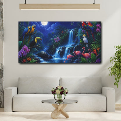 Mockup 2. Moonlit Tropical Birds shown as canvas print