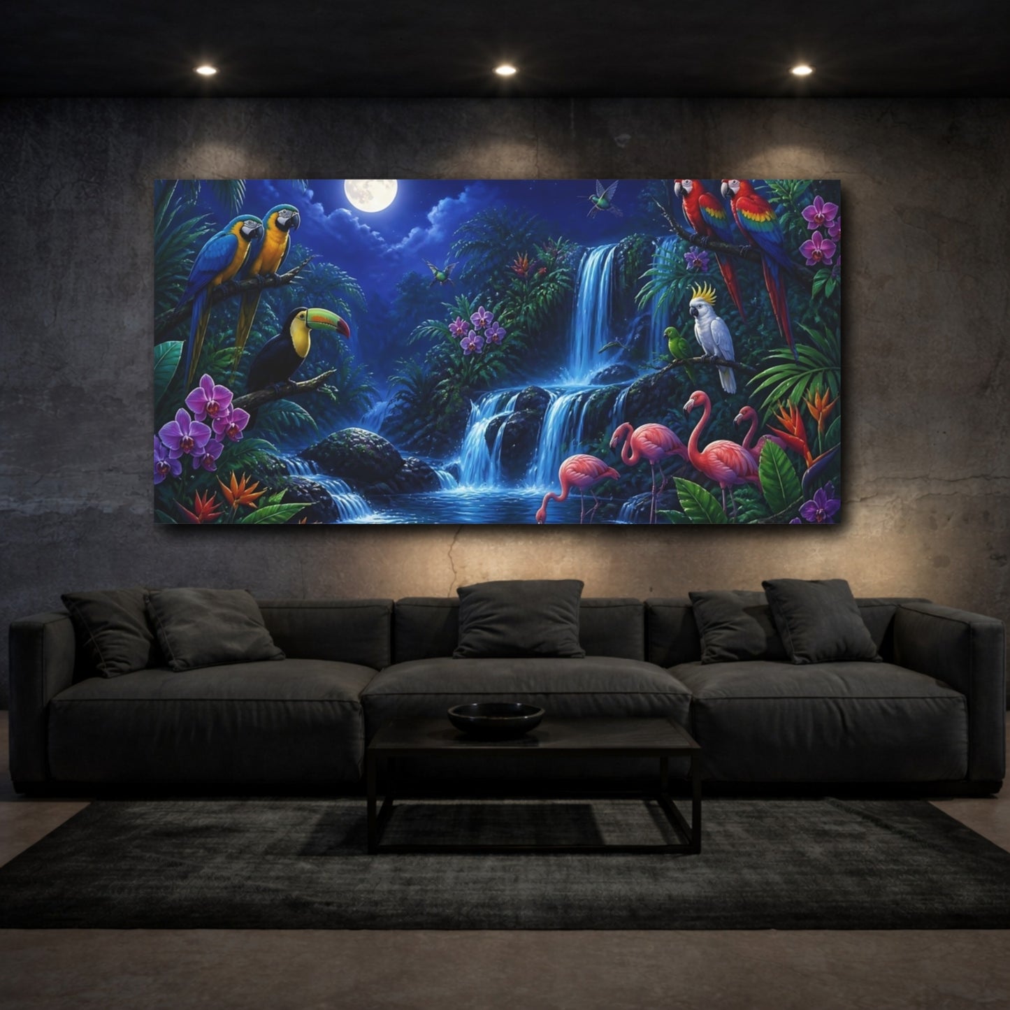 Mockup 3. Moonlit Tropical Birds shown as canvas print