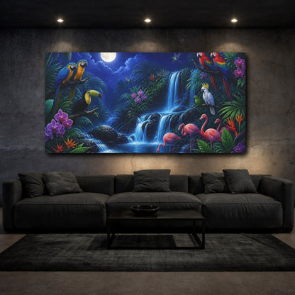 Mockup 3. Moonlit Tropical Birds shown as canvas print
