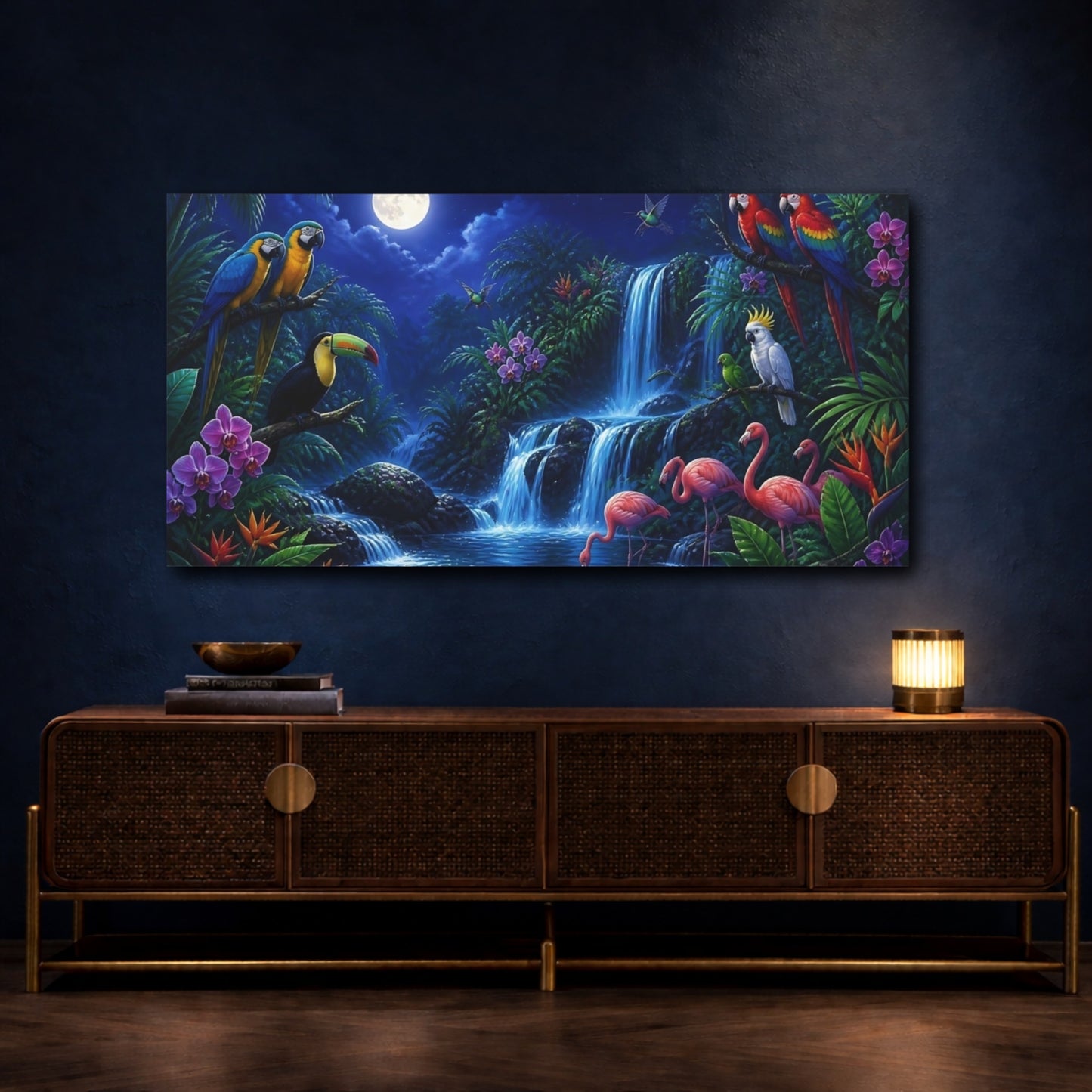 Mockup 4. Moonlit Tropical Birds shown as canvas print
