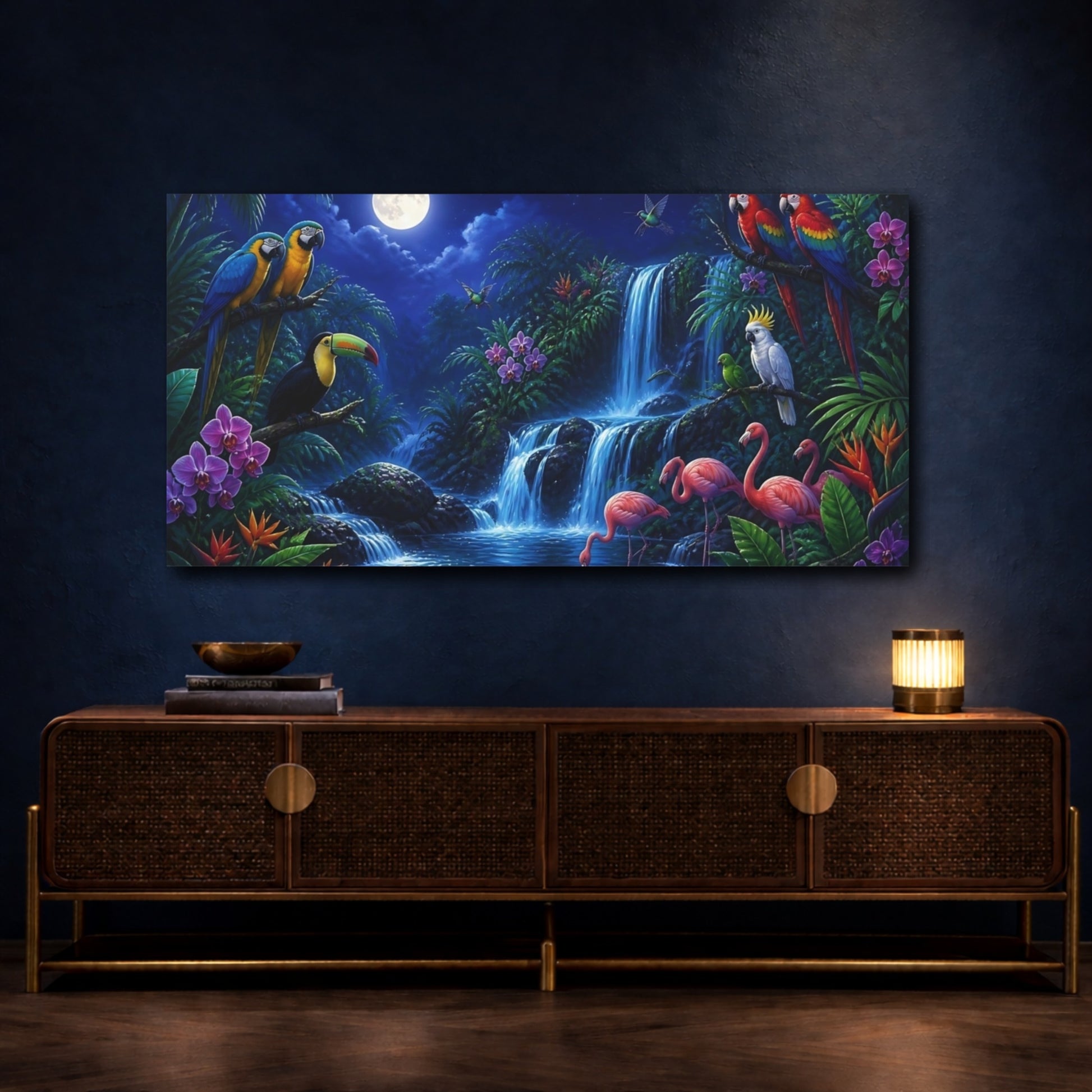 Mockup 4. Moonlit Tropical Birds shown as canvas print