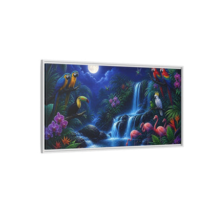 Side Mockup 3. Moonlit Tropical Birds Waterfall shown as framed canvas print