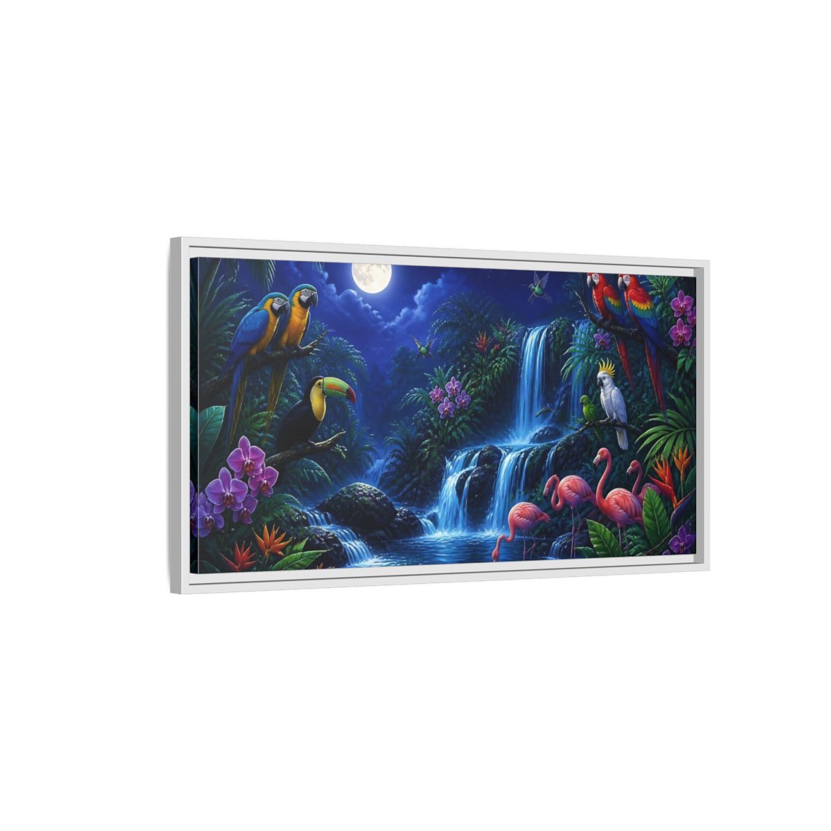 Side Mockup 1. Moonlit Tropical Birds Waterfall shown as framed canvas print