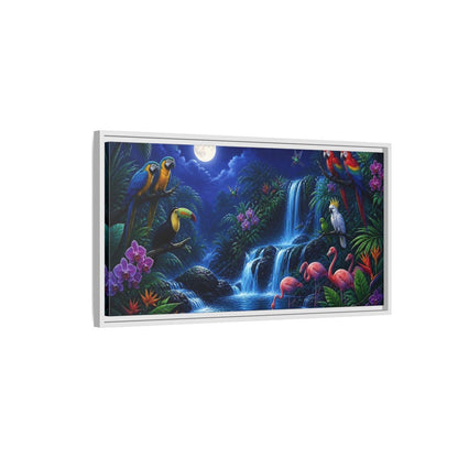 Side Mockup 1. Moonlit Tropical Birds Waterfall shown as framed canvas print