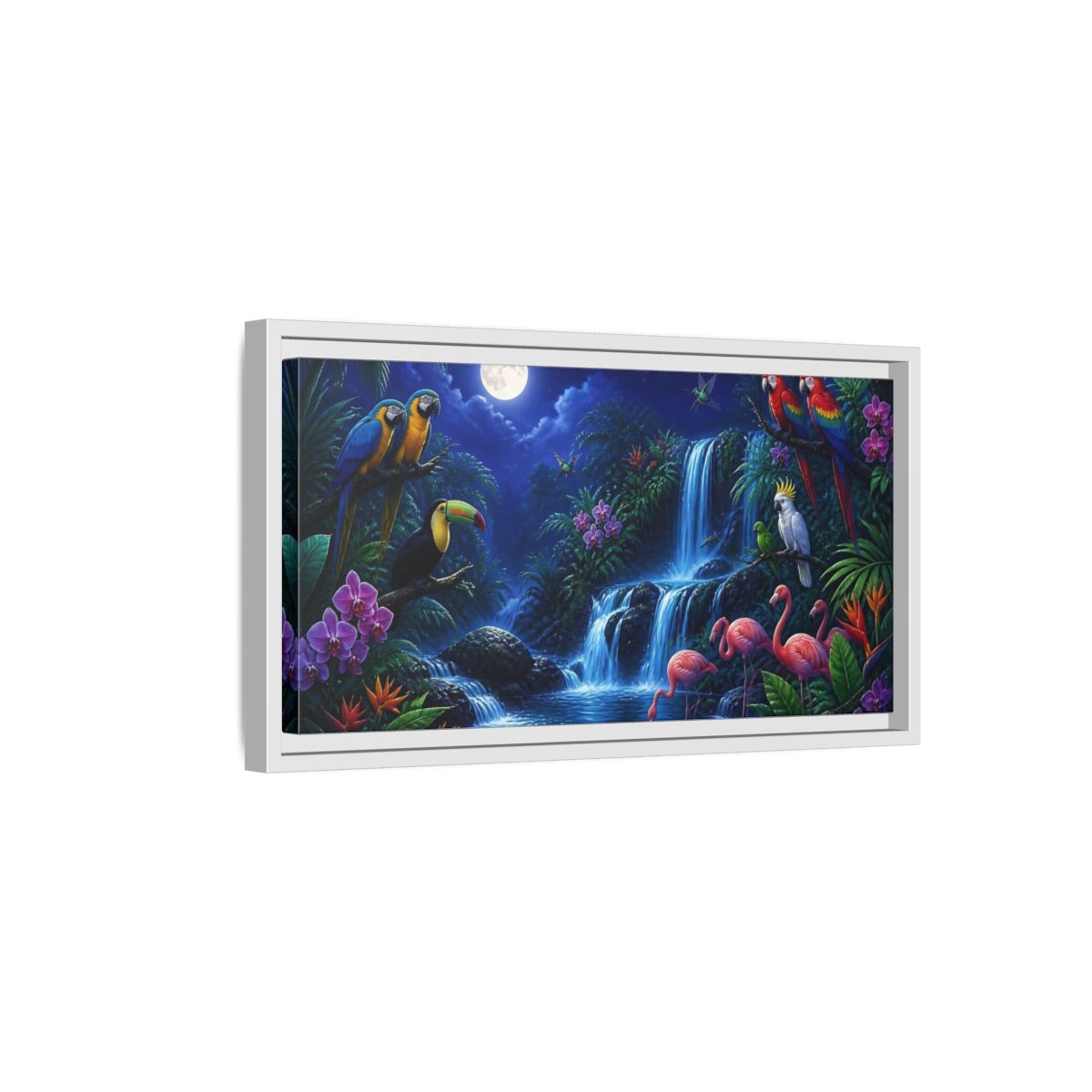 Side Mockup 6. Moonlit Tropical Birds Waterfall shown as framed canvas print