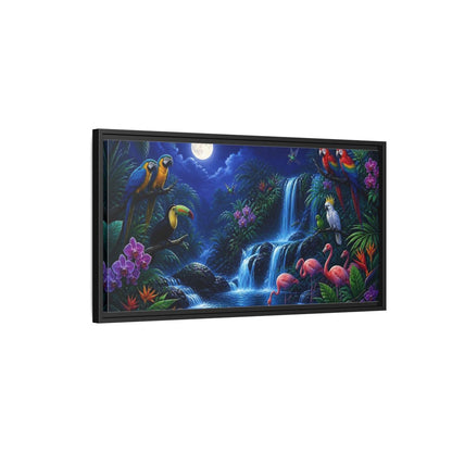 Side Mockup 2. Moonlit Tropical Birds Waterfall shown as framed canvas print