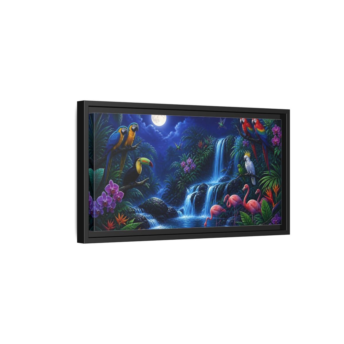 Side Mockup 8. Moonlit Tropical Birds Waterfall shown as framed canvas print