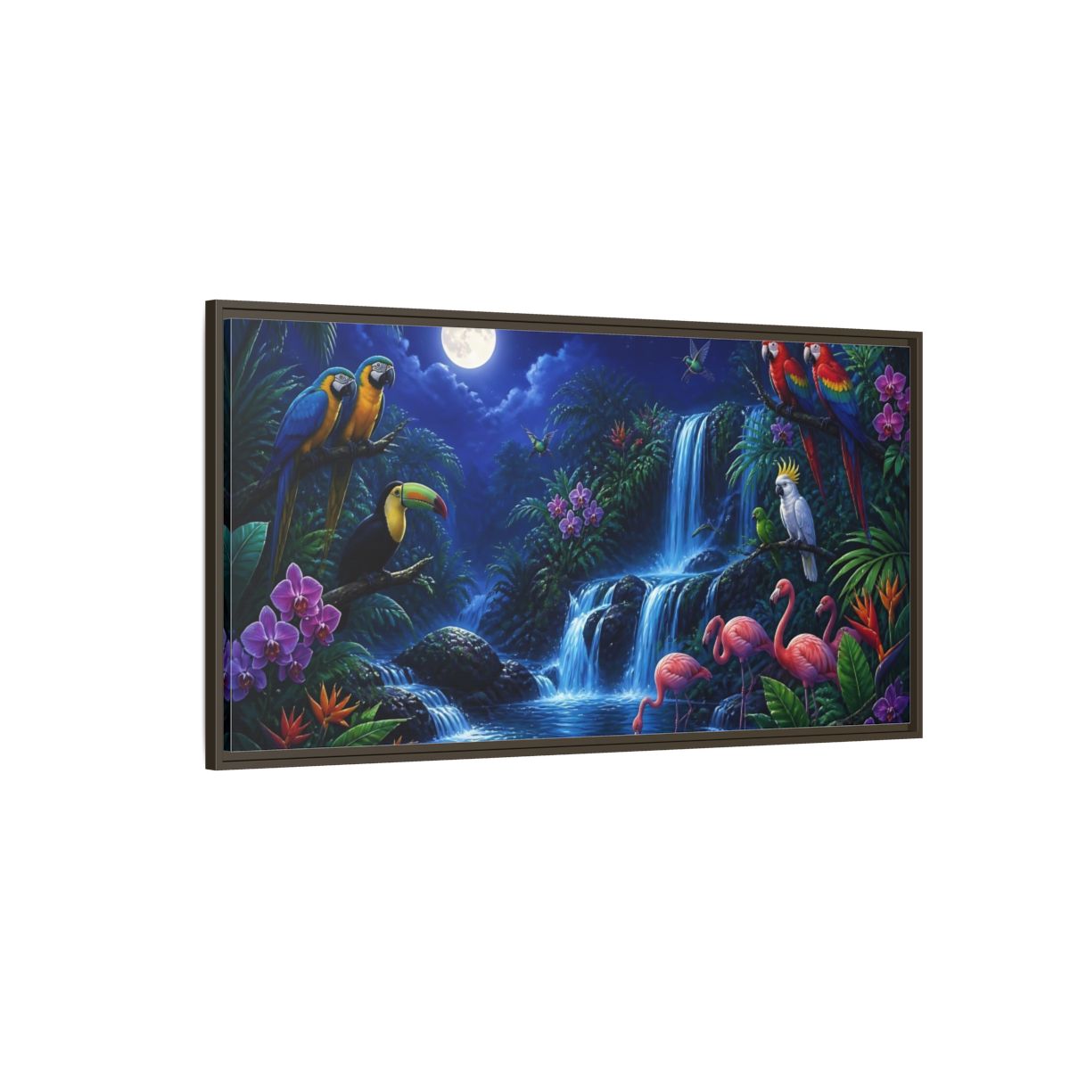 Side Mockup 4. Moonlit Tropical Birds Waterfall shown as framed canvas print