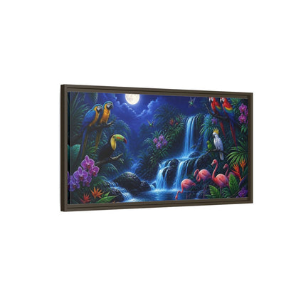 Main Mockup. Moonlit Tropical Birds Waterfall shown as framed canvas print