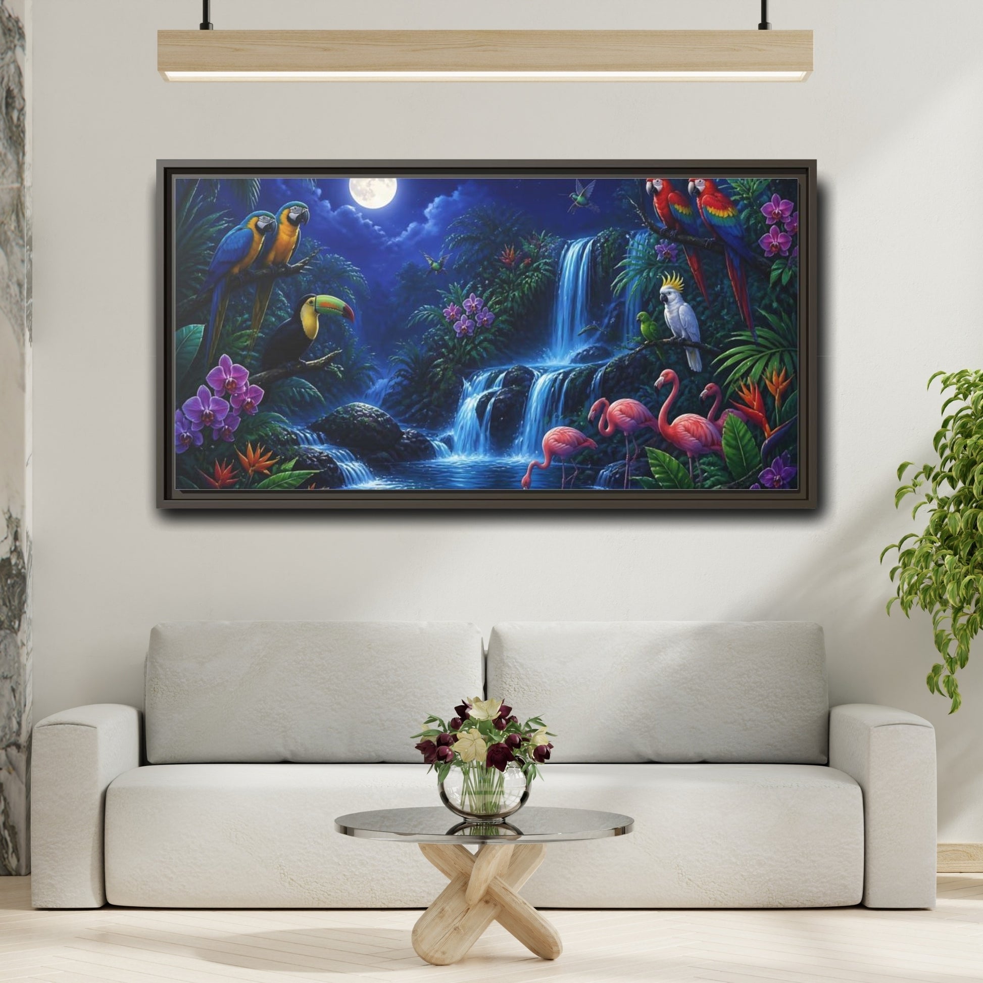Mockup 2. Moonlit Tropical Birds Waterfall shown as framed canvas print