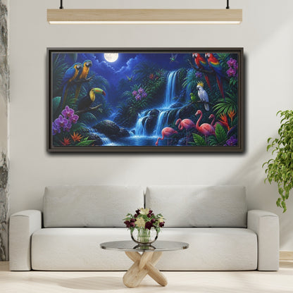 Mockup 2. Moonlit Tropical Birds Waterfall shown as framed canvas print