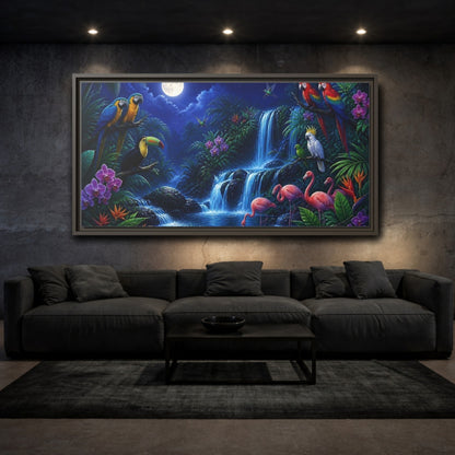 Mockup 3. Moonlit Tropical Birds Waterfall shown as framed canvas print