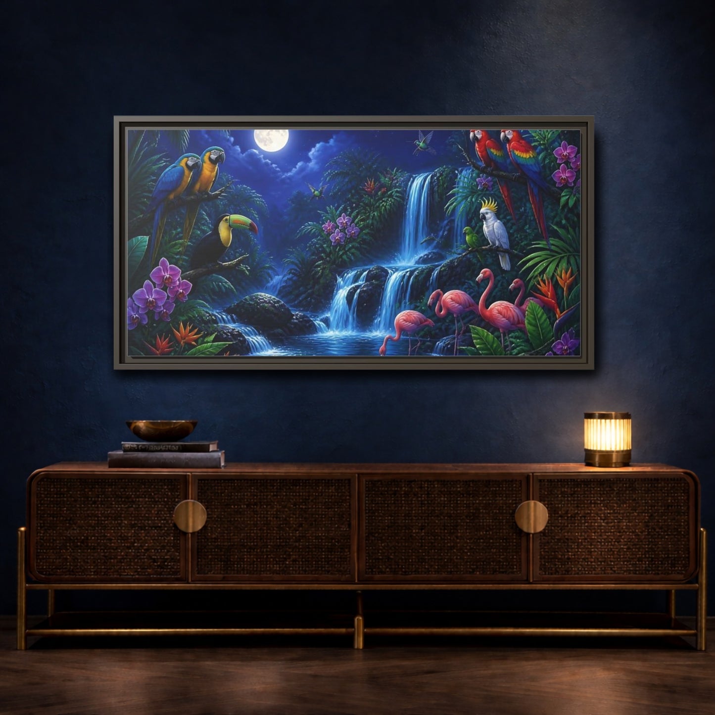 Mockup 4. Moonlit Tropical Birds Waterfall shown as framed canvas print