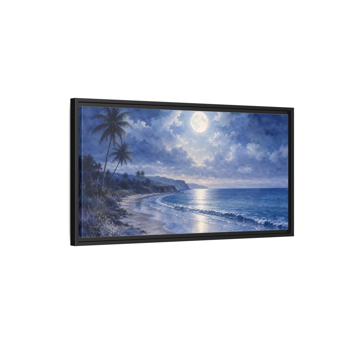 Side Mockup 2. Moonlit Tropical Shore shown as framed canvas print
