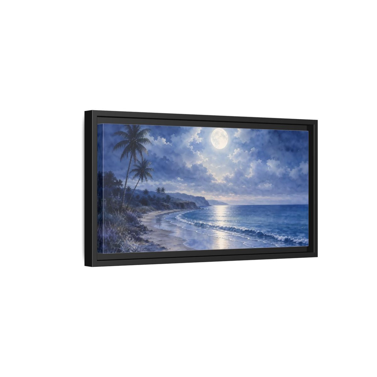 Side Mockup 8. Moonlit Tropical Shore shown as framed canvas print